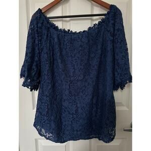 Women’s Miholl Navy Blue Bell Half-Sleeve Mesh Lace Top Sz XL